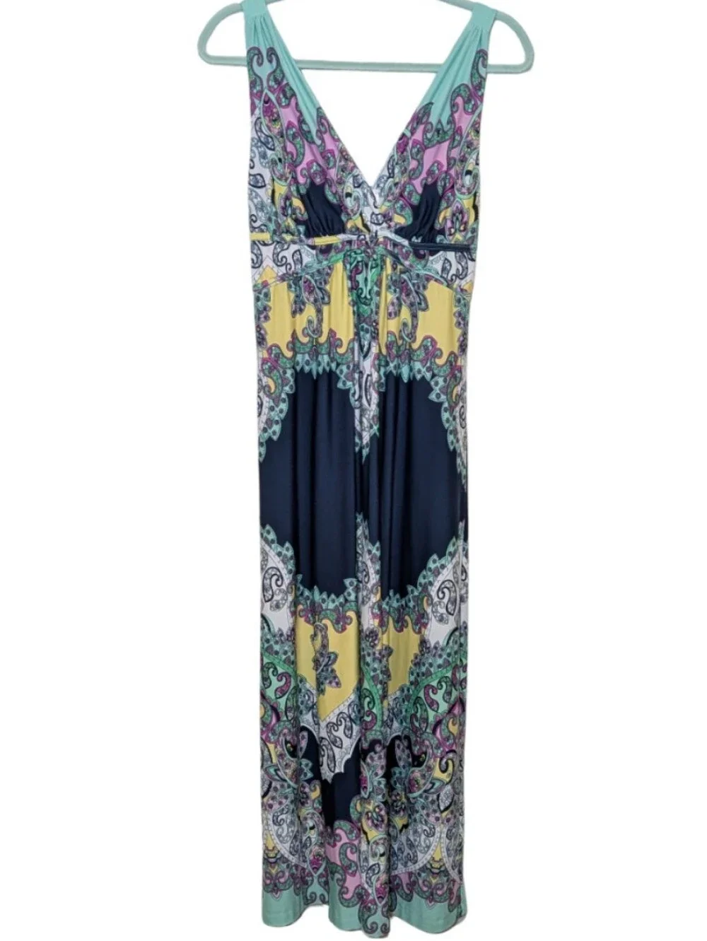 Metaphor | Long Paisley Print V-Neck Maxi Dress  Aqua and Navy | Wedding | Party